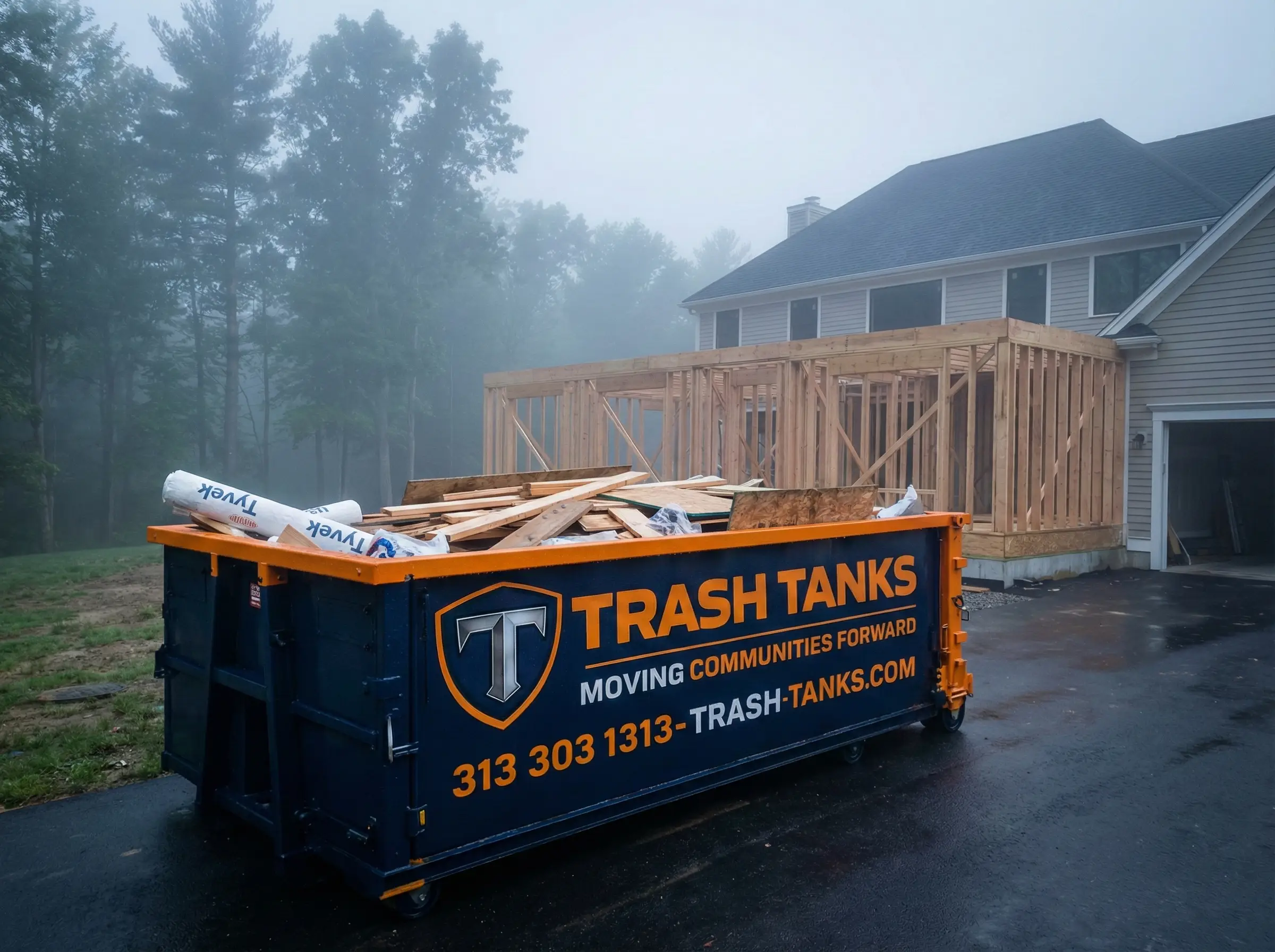 Trash Tanks dumpster delivery arriving at job site in Grosse Pointe MI