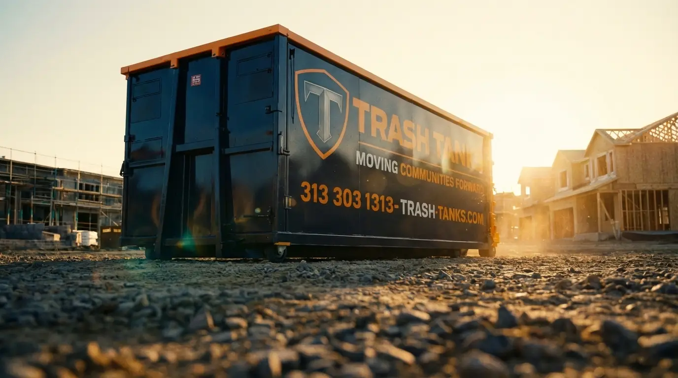 Trash Tanks branded dumpster close-up ready for rental Grosse Pointe