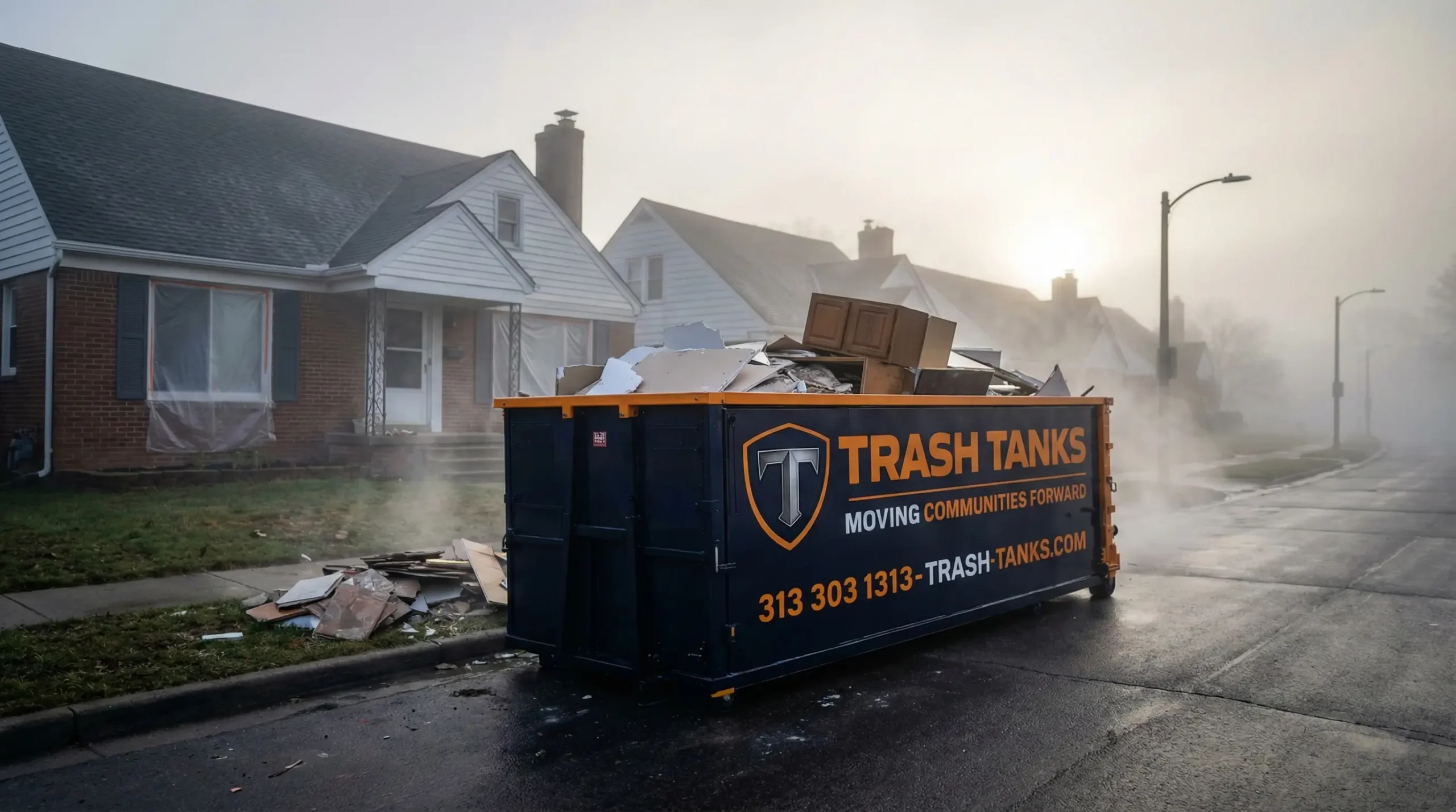 Trash Tanks dumpster at residential home addition project Michigan