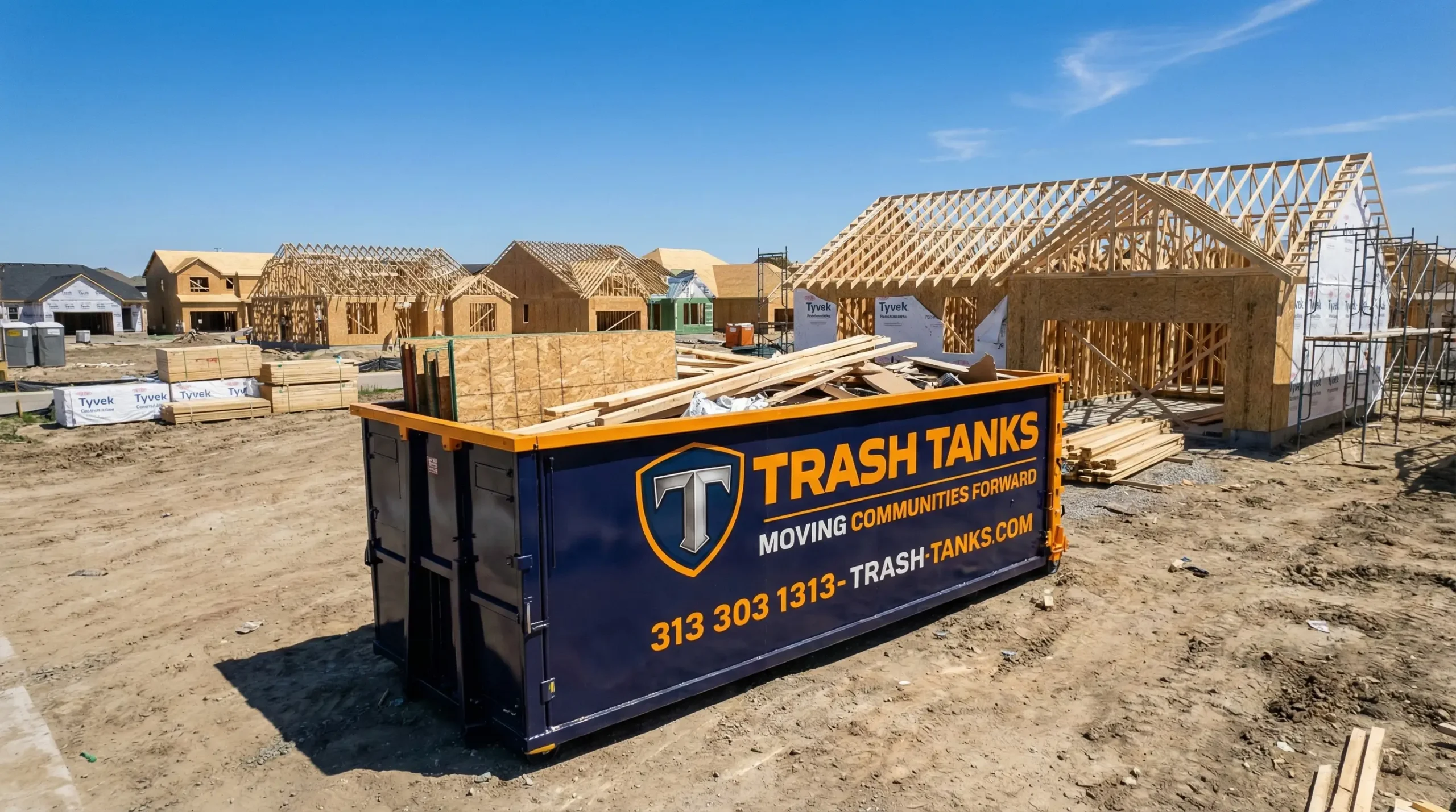 Trash Tanks dumpster at new construction site Wayne County MI