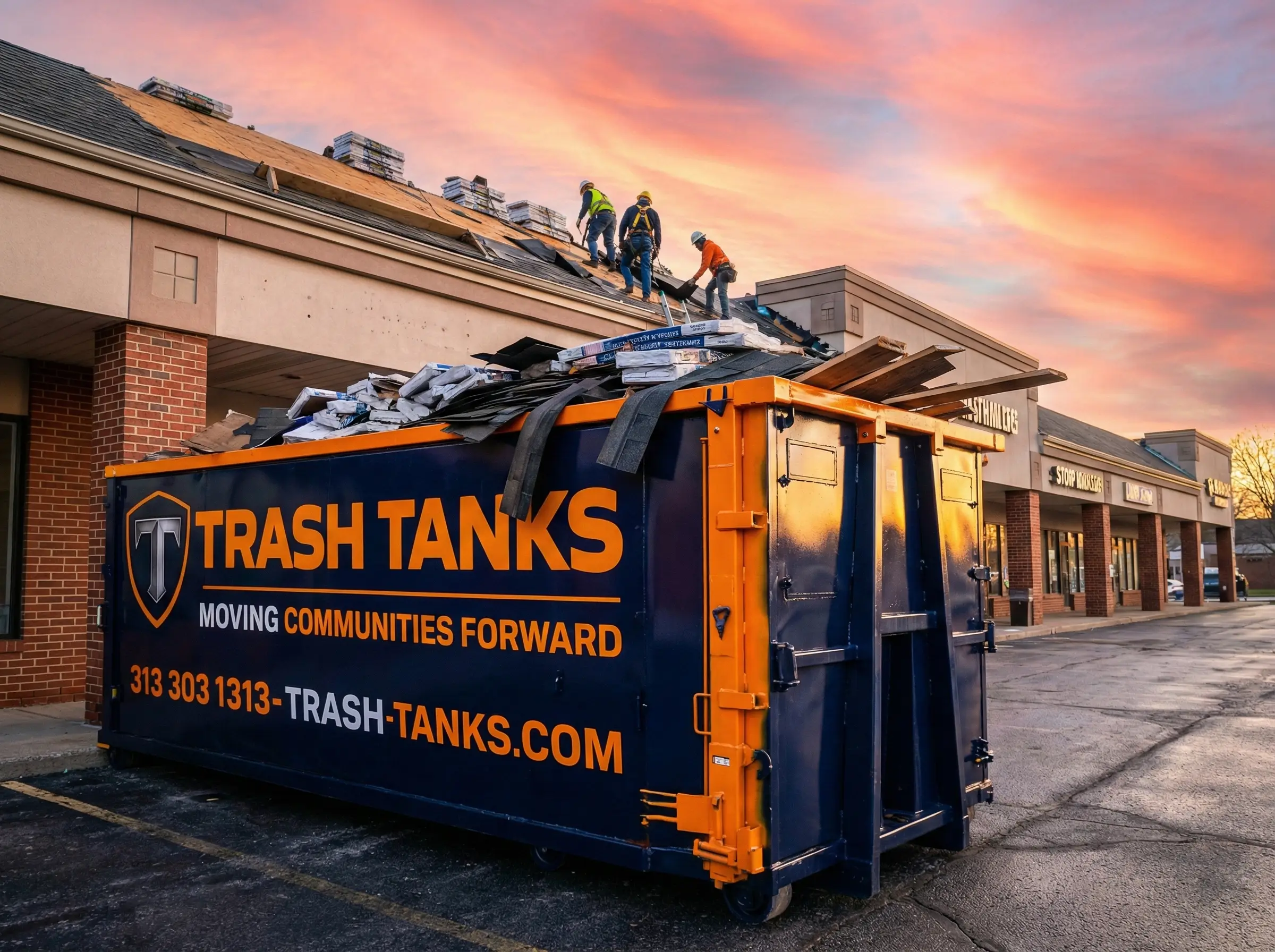 Trash Tanks dumpster at roofing tear-off project Grosse Pointe MI