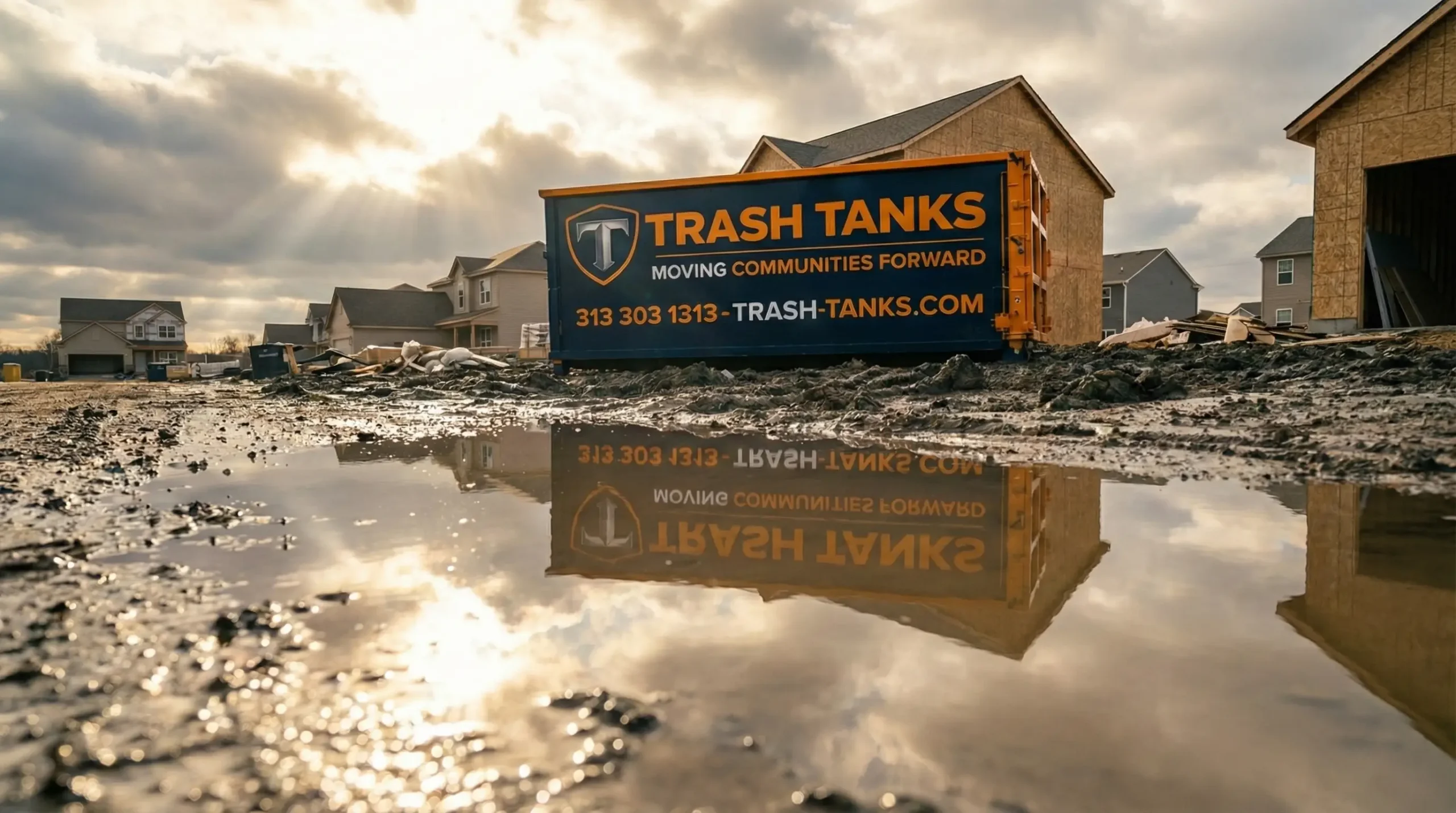 Trash Tanks dumpster at active construction and roofing site Metro Detroit Michigan